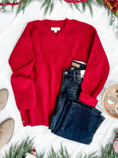 V Neck Knit Sweater With Side Button Detail In Red