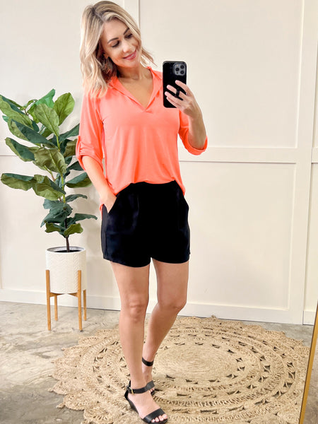 Button Sleeve Detail Gabby Top In Neon Coral