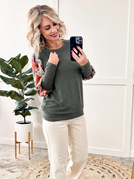 Olive Knit Top With Floral Sleeves