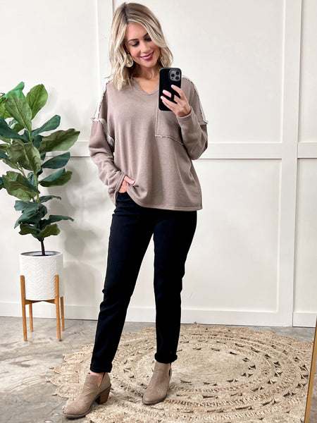 Oversized Long Sleeve Top With Exposed Seams In Light Mocha