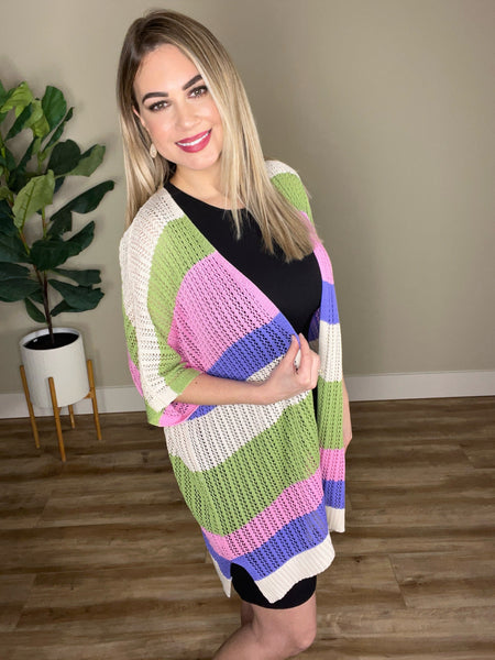 Striped Open Knit Cardigan In Pink, Green, Tan & Blue