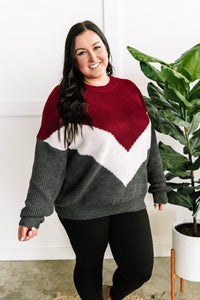 Cozy Knit Sweater In Burgundy White & Grey Chevron