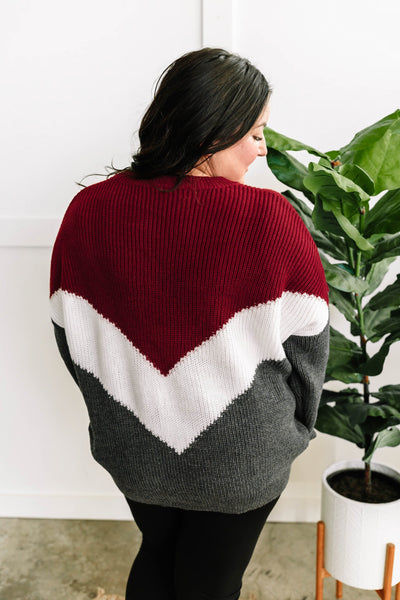 Cozy Knit Sweater In Burgundy White & Grey Chevron