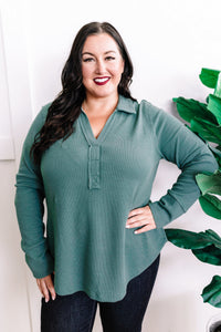 Collared Long Sleeve Thermal Knit Top In Teal