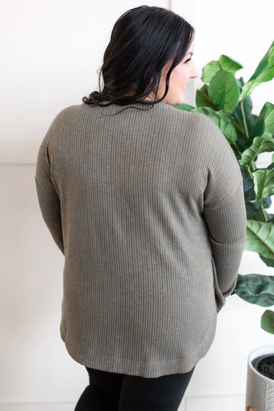 12.15 Ribbed Long Sleeve Top With Side Button Detail In Heathered Olive