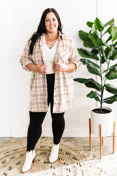 Plaid Button Up Tunic In Beige & Pink