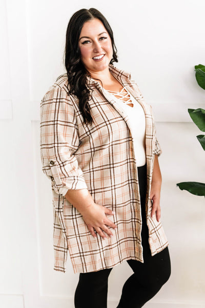 Plaid Button Up Tunic In Beige & Pink