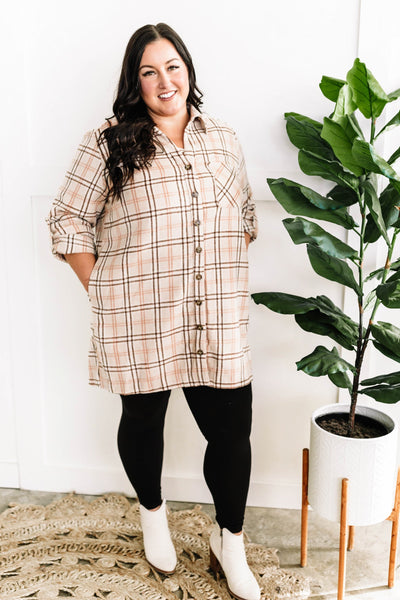 Plaid Button Up Tunic In Beige & Pink