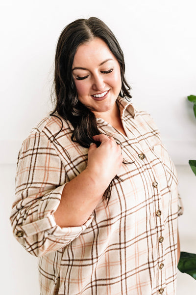 Plaid Button Up Tunic In Beige & Pink