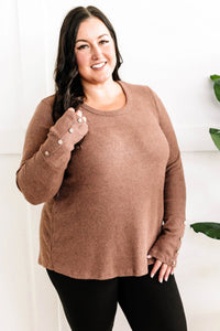 Long Sleeve Thermal Top With Button Sleeve Detail In Gingerbread