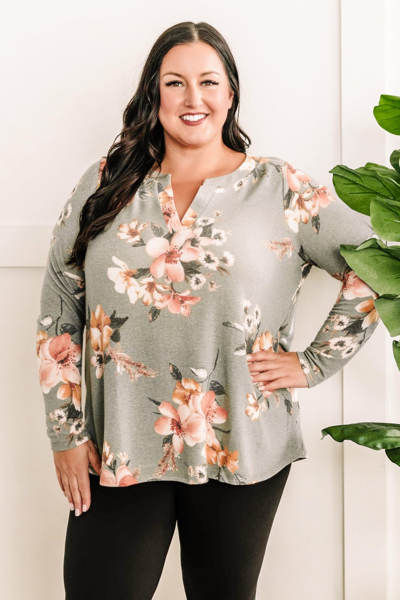 Gabby Front Cozy Long Sleeve Top In Olive Florals