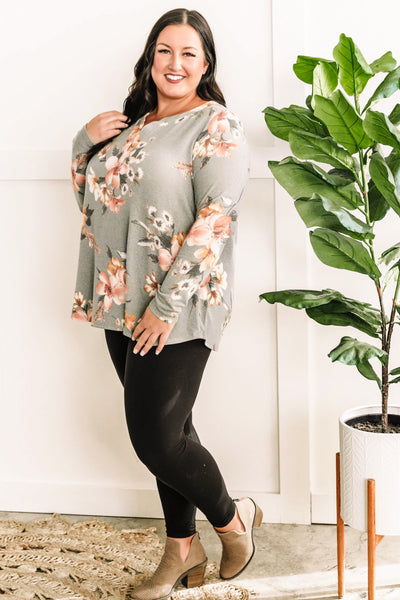 Gabby Front Cozy Long Sleeve Top In Olive Florals