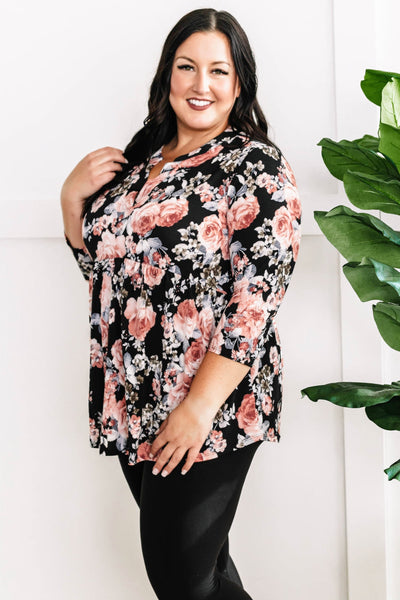 Gabby Neckline Babydoll Blouse In Black & Pink Florals