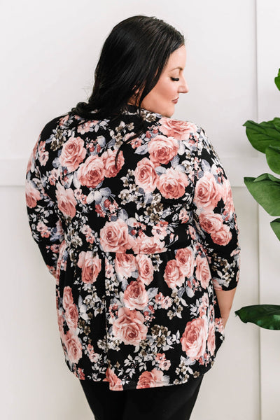 Gabby Neckline Babydoll Blouse In Black & Pink Florals