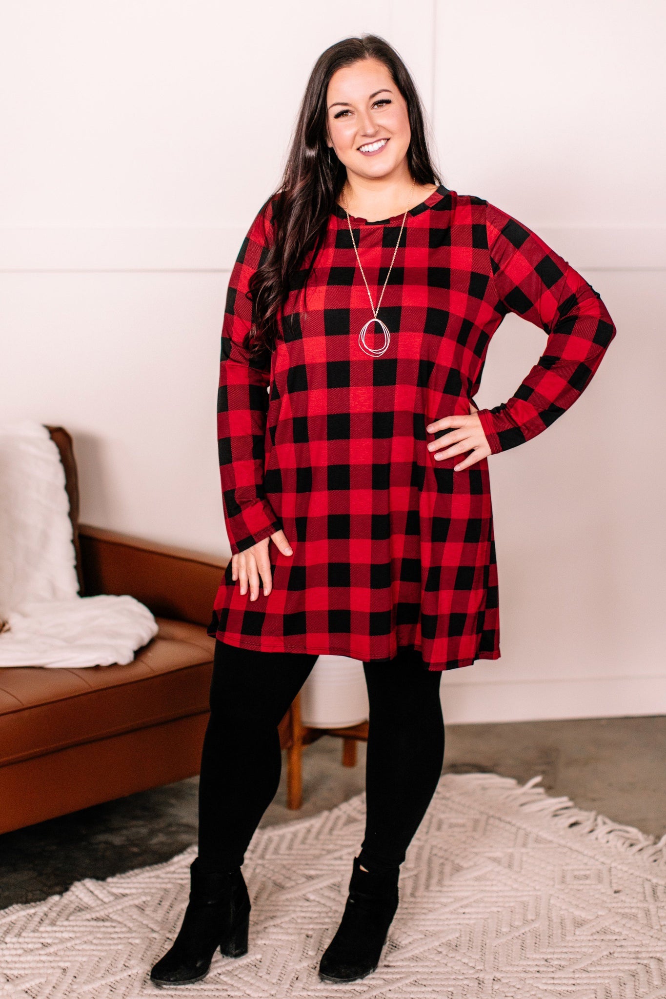 OUTLET - Check, Baby Check Long Sleeve Plaid Dress in Red + Black - Large