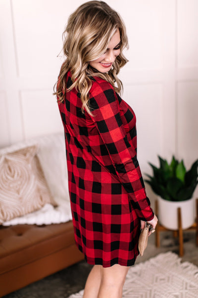 OUTLET - Check, Baby Check Long Sleeve Plaid Dress in Red + Black - Large