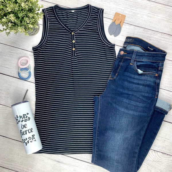 Addison Henley Tank - Black w/White Stripes