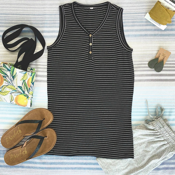 Addison Henley Tank - Black w/White Stripes