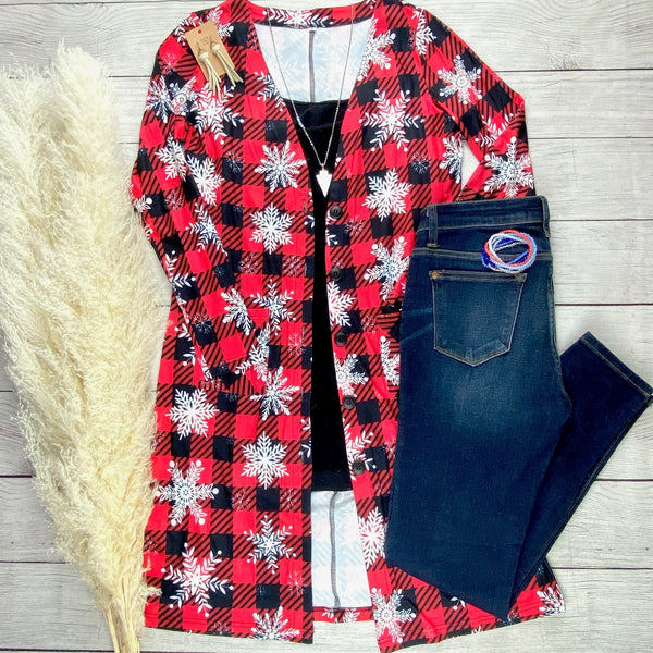 Colbie Cardigan - Snowflakes and Buffalo Plaid in STORE