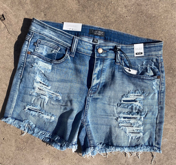 Mid Rise washed out Patched Judy Blue Cut Off Shorts