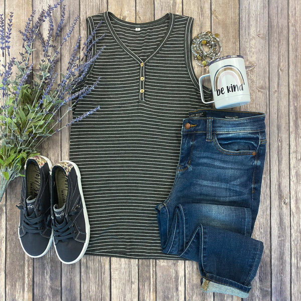 Addison Henley Tank - Charcoal w/White Stripes